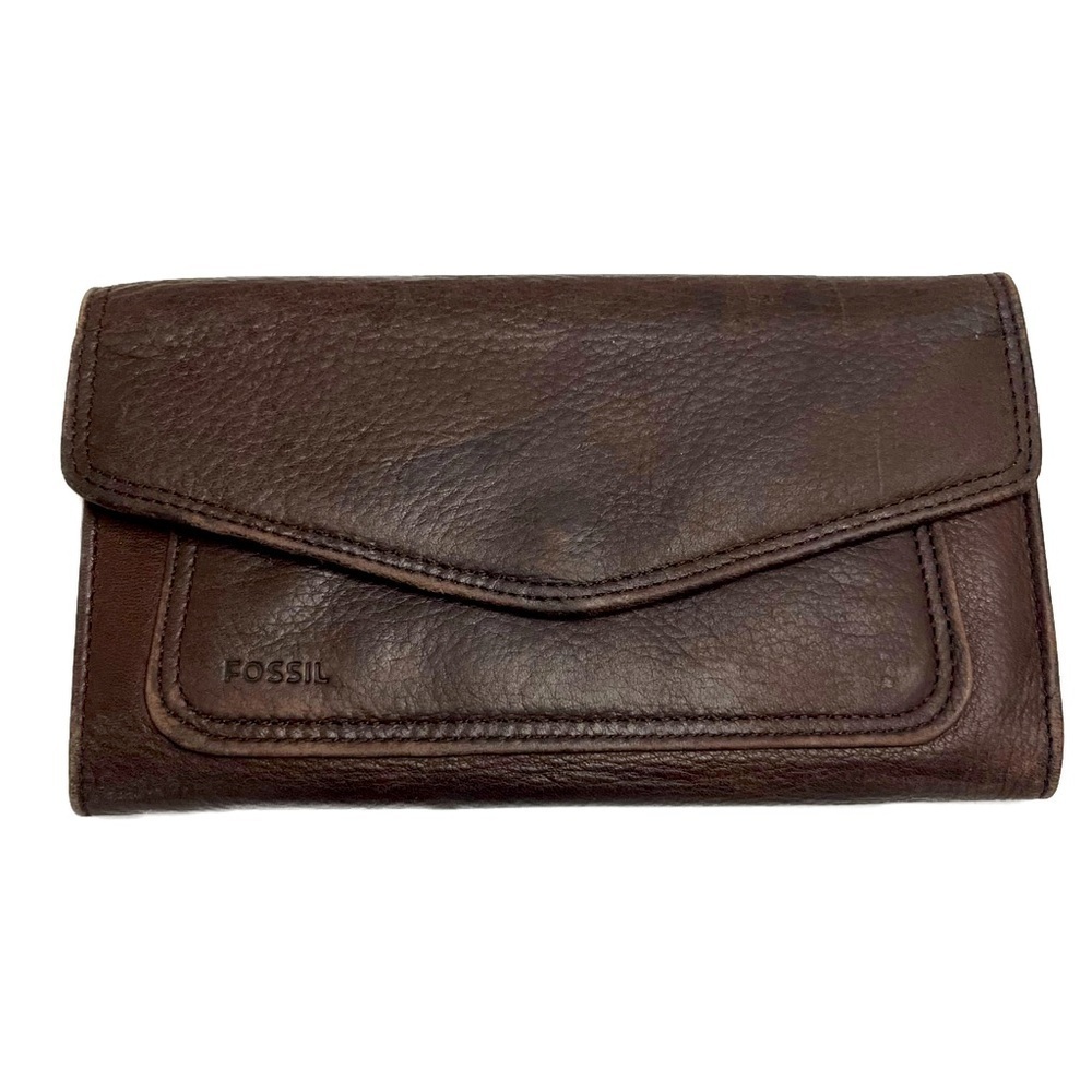 Fossil Deep Brown Pebbled Leather Tri-fold Wallet Card Slots & Zip Pockets